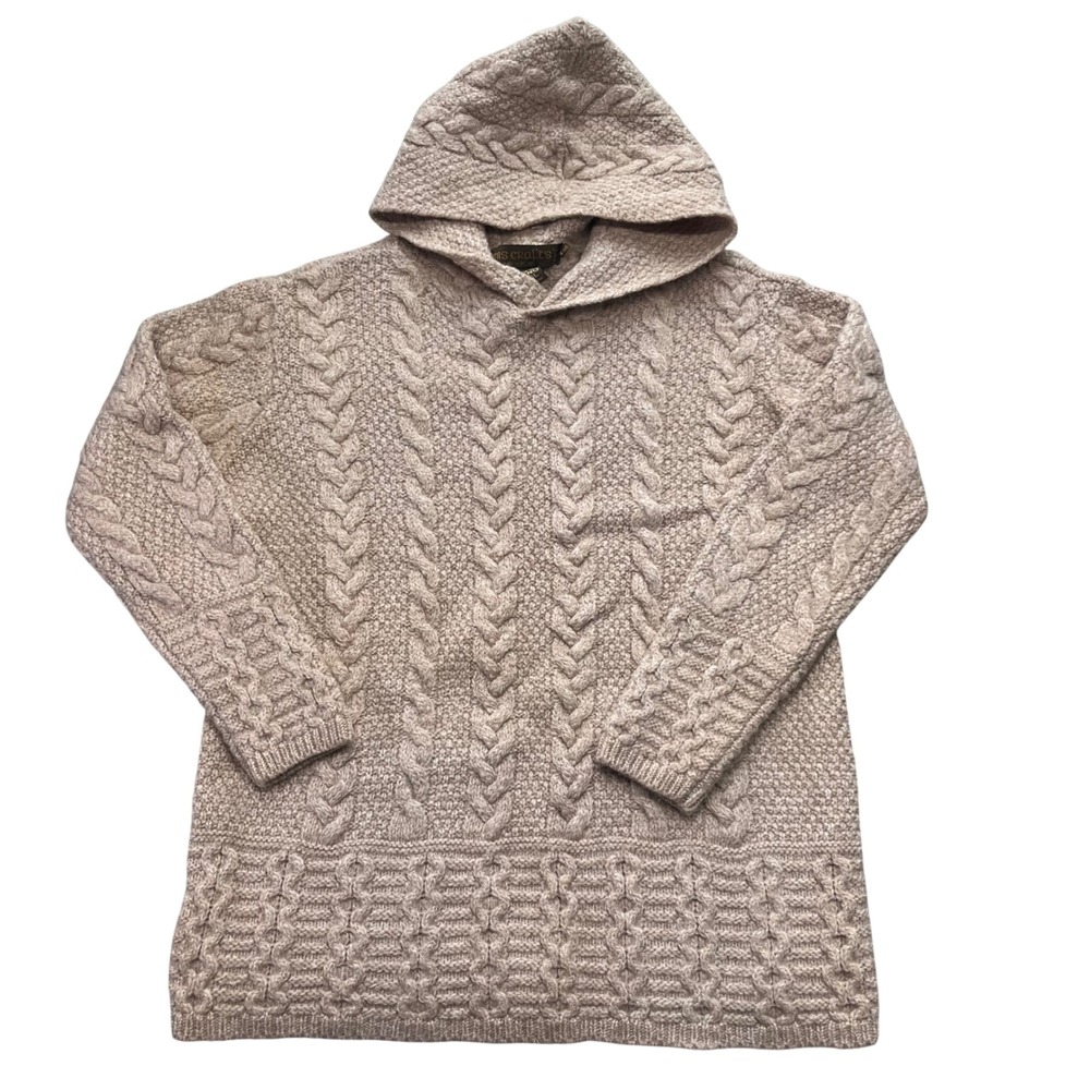 Inis Crafts Merino Wool Hoodie Mens Large Beige Excellent Irish Cable Knit Aran